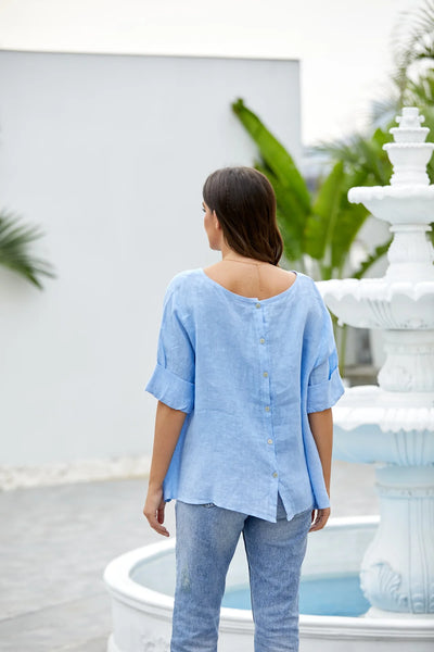 Orange by Fashion Village (Linen), 17548 Mea's Linen Breeze Button Back Top, Sky