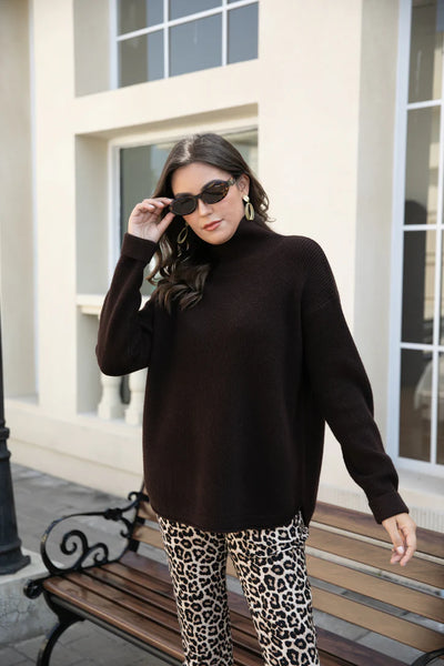 Orange by Fashion Village, RT-3100 Rebecca's Ribbed Turtleneck, Mocha