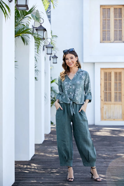 Orange by Fashion Village (Linen), 2202 Floral Safari Linen Top, Military