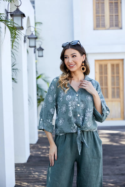 Orange by Fashion Village (Linen), 2202 Floral Safari Linen Top, Military