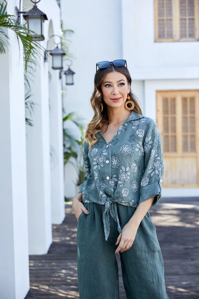 Orange by Fashion Village (Linen), 2202 Floral Safari Linen Top, Military