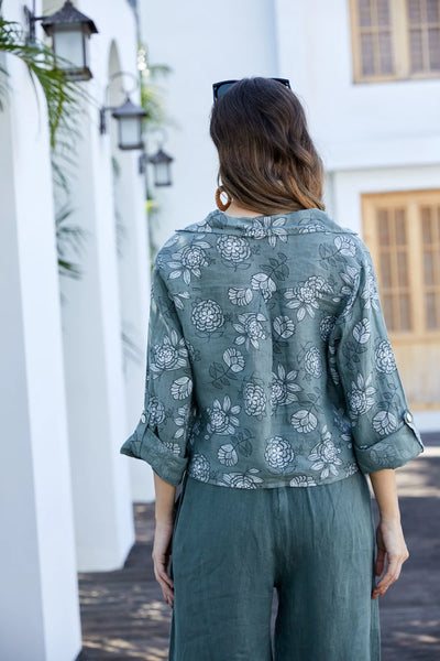 Orange by Fashion Village (Linen), 2202 Floral Safari Linen Top, Military