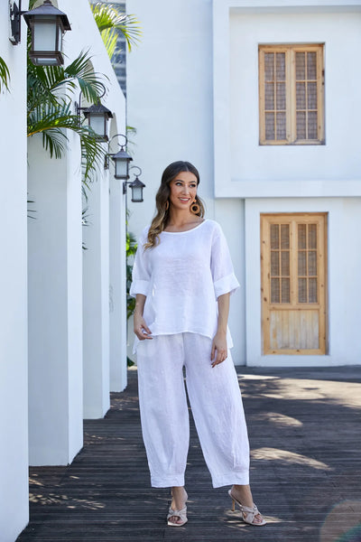 Orange by Fashion Village (Linen), 17548 Mea's Linen Breeze Button Back Top, White