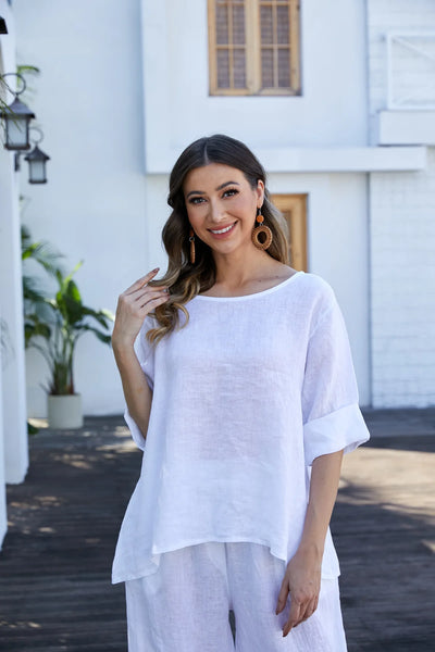 Orange by Fashion Village (Linen), 17548 Mea's Linen Breeze Button Back Top, White