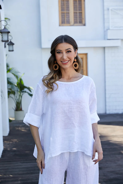 Orange by Fashion Village (Linen), 17548 Mea's Linen Breeze Button Back Top, White