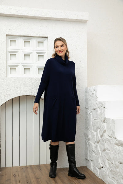 Orange by Fashion Village, J-3559 Cozy Chic Maxi Sweater Dress, Navy