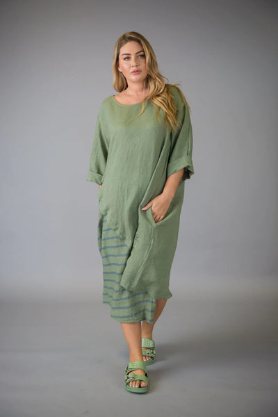 Paolo Tricot Sale, D11407 Striped Linen Dress 50% Off Regular Price