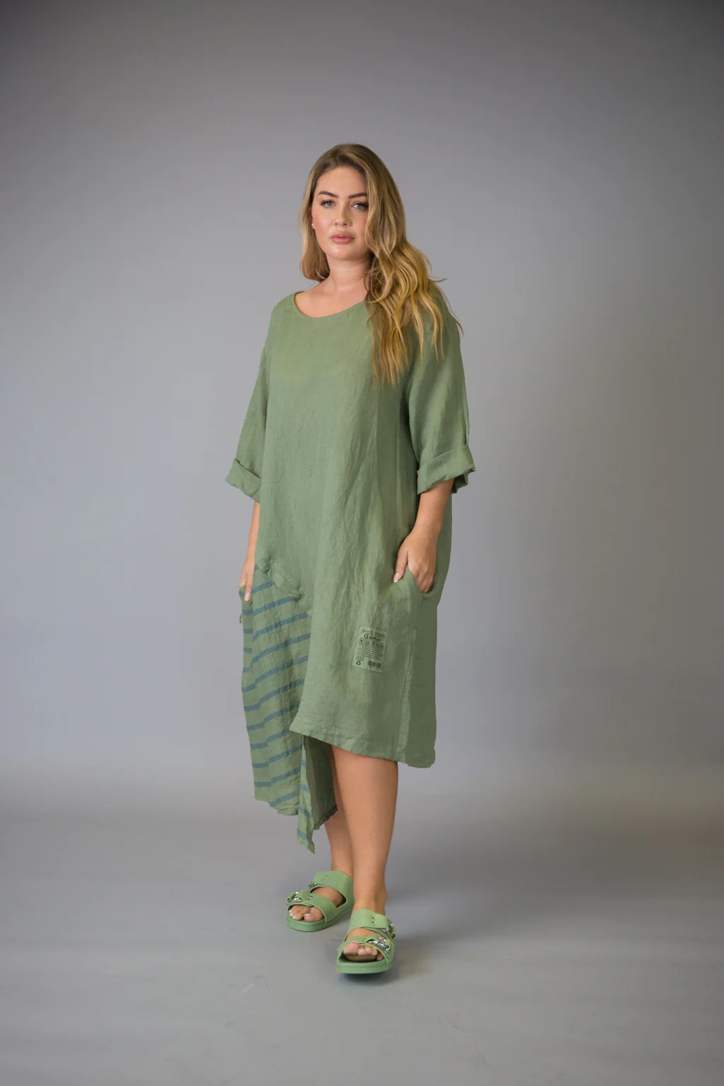 Paolo Tricot Sale, D11407 Striped Linen Dress 50% Off Regular Price