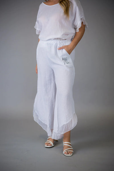 Paolo Tricot Sale, D60029 Ruffle Linen Pant 50% Off Regular Price
